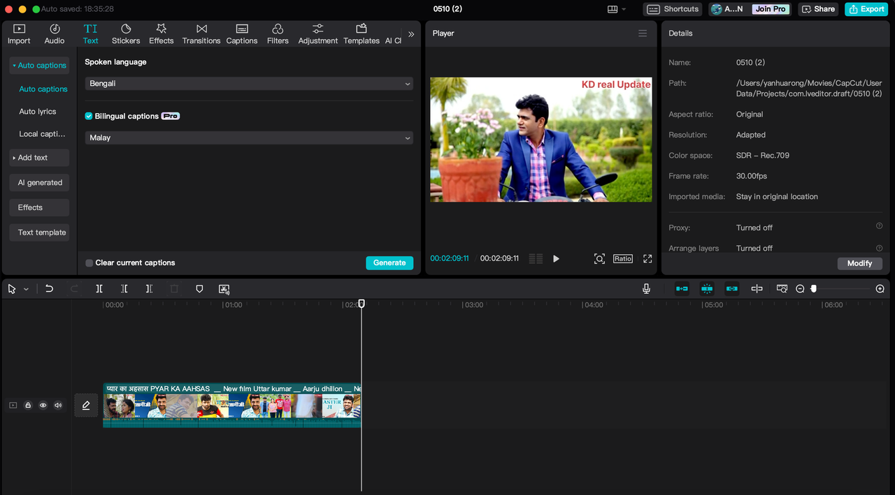 Using CapCut video editing features for Bangla to Malaysian translation
