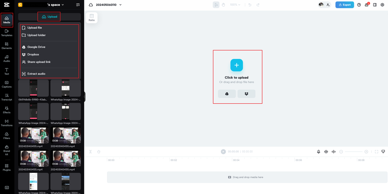 Uploading video and how to make velocity in CapCut web
