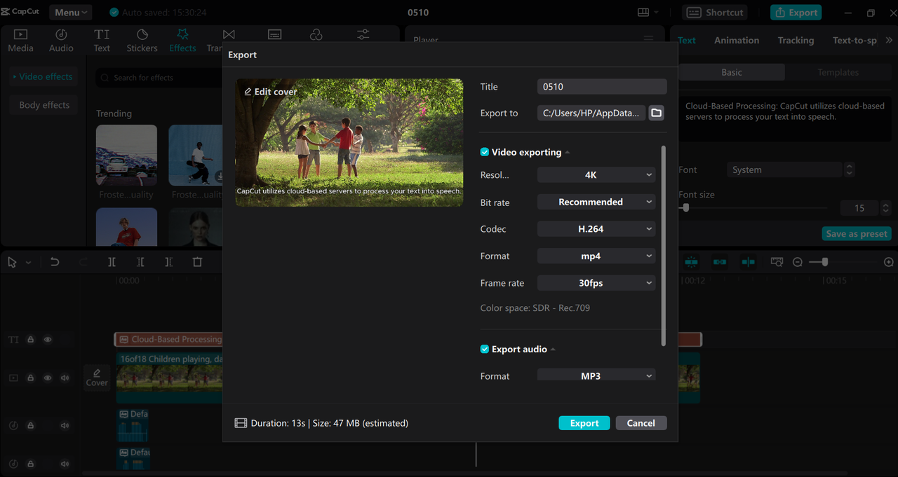 Export and share a video from the CapCut desktop ElevenLabs alternative