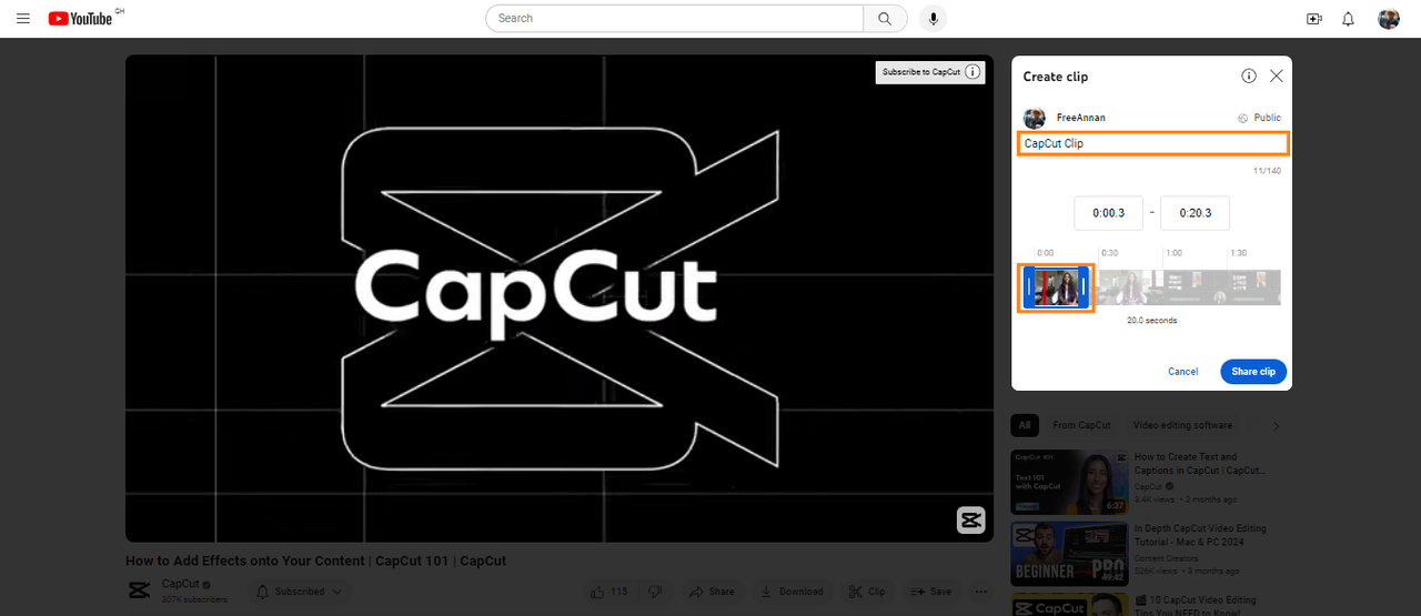 Screenshot of youtube interface, applying the clipping tool 