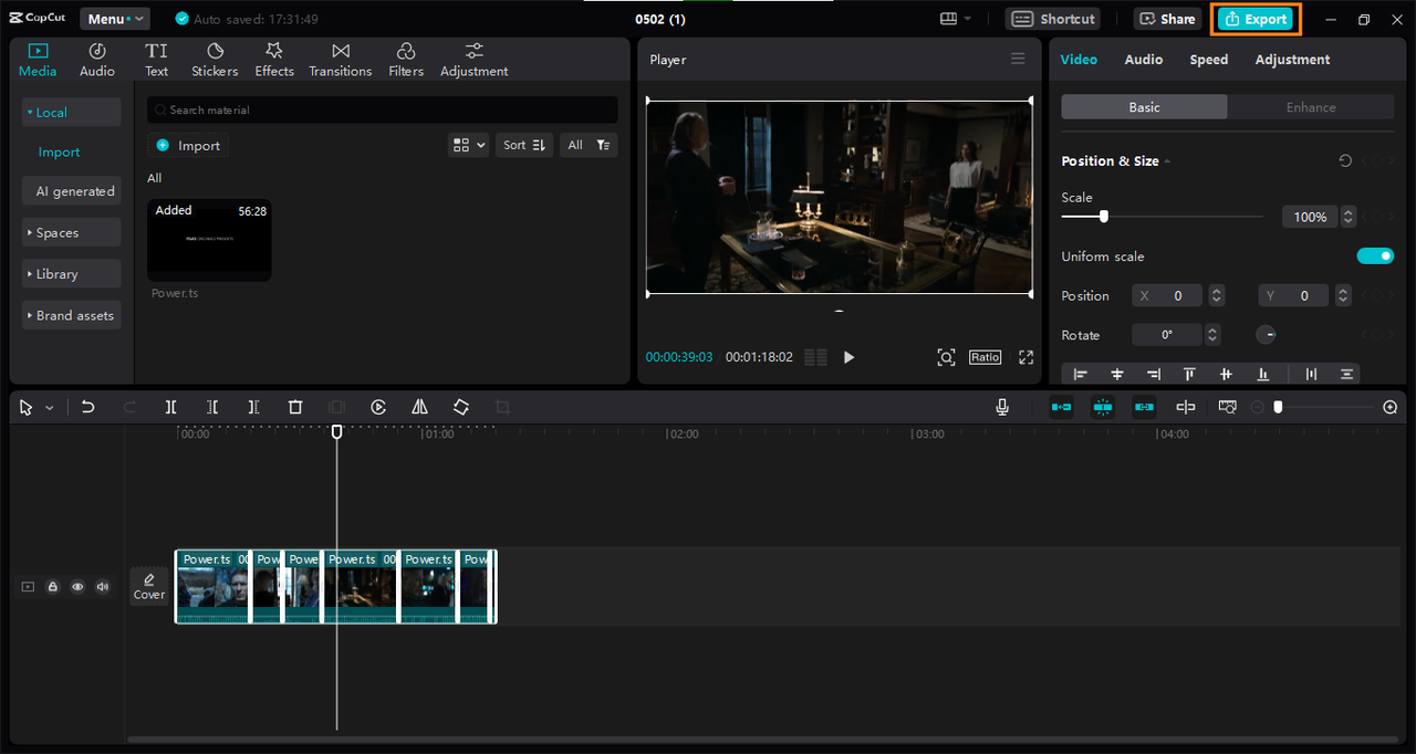 Save and export youtube clip in CapCut editor