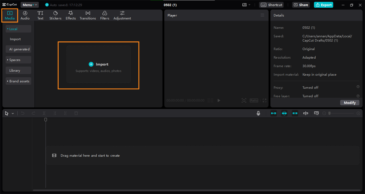  Import media file into CapCut PC app