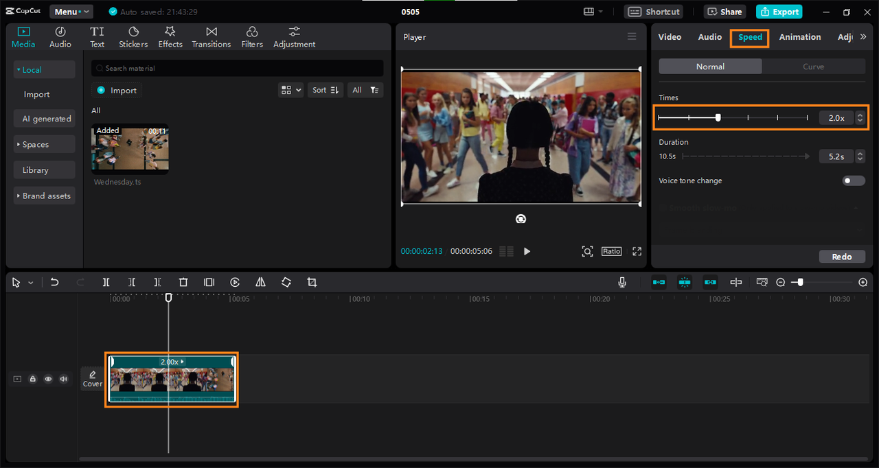 Increase video speed in CapCut PC editor