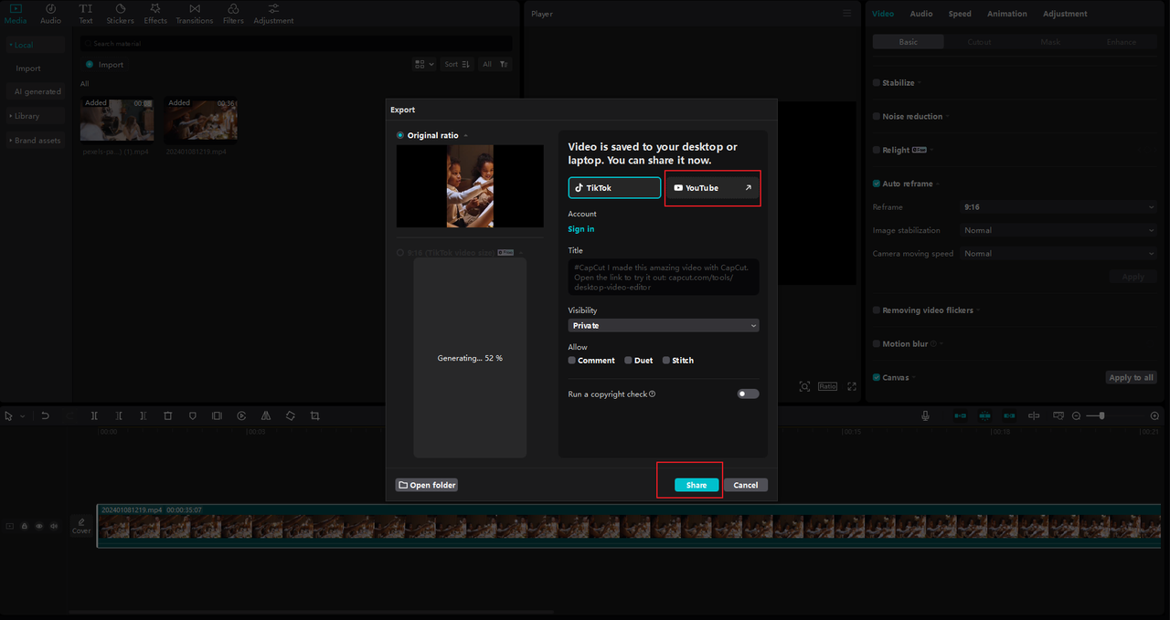Share a video from the CapCut desktop video editor: how long can a YouTube short be?