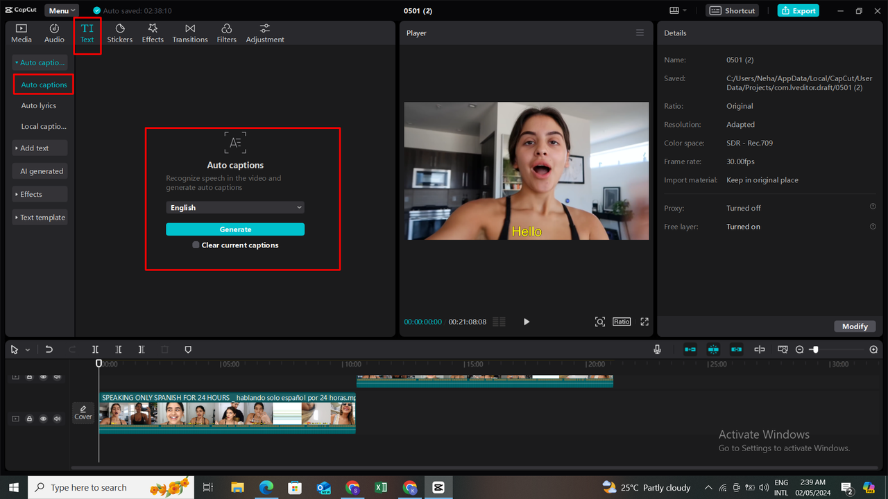 Use the Auto Caption feature for Spanish to English video translation