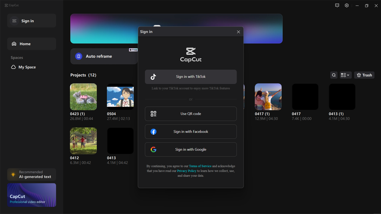 Signing into CapCut desktop editor, the best Malayalam to Bangla translator