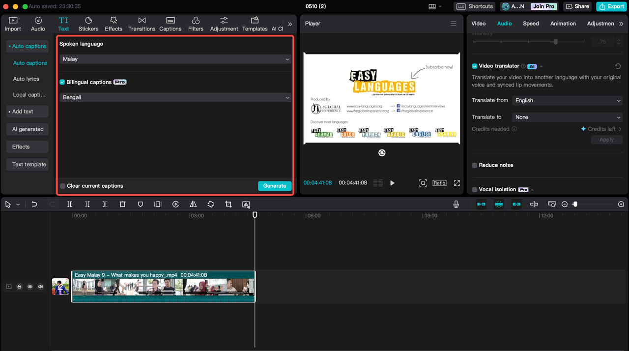 Using the auto caption feature to translate Malaysian to Bangla