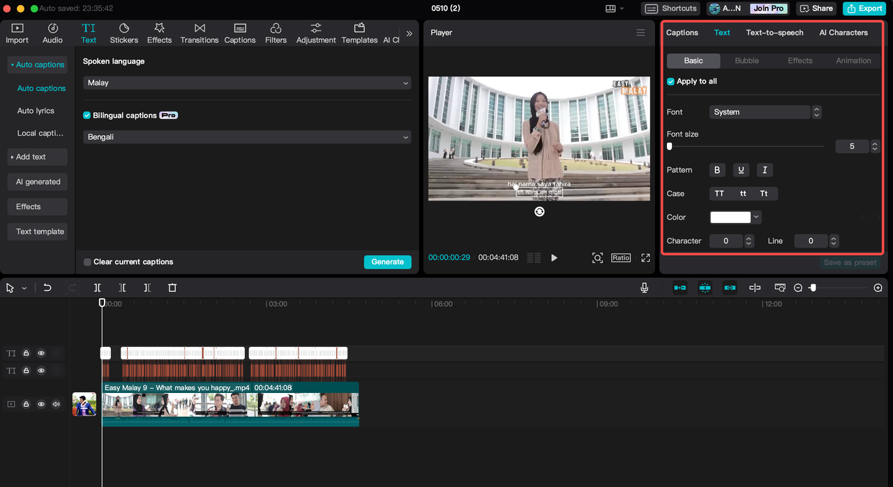 Customizing text on CapCut PC for Malay to Bangla translation