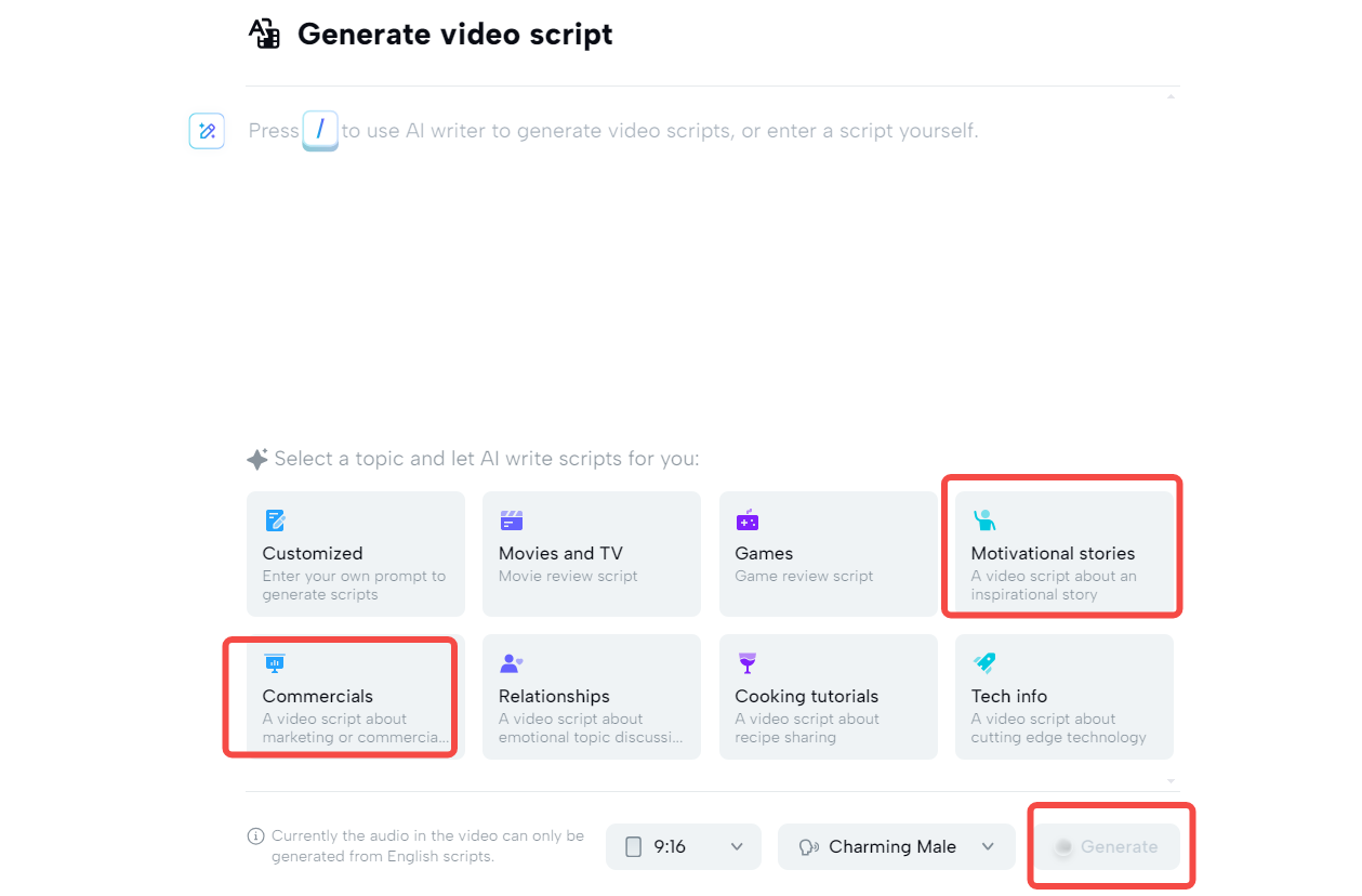 Screenshot of CapCut script-to-video online tool interface