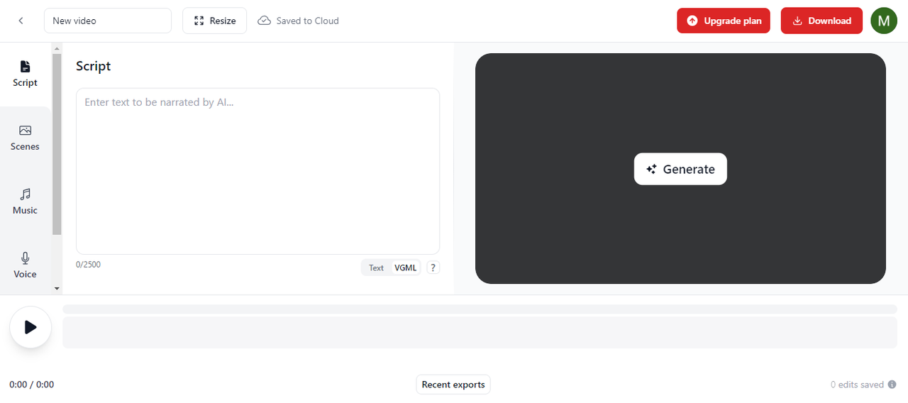 Generating new video with script using VideoGen web tool