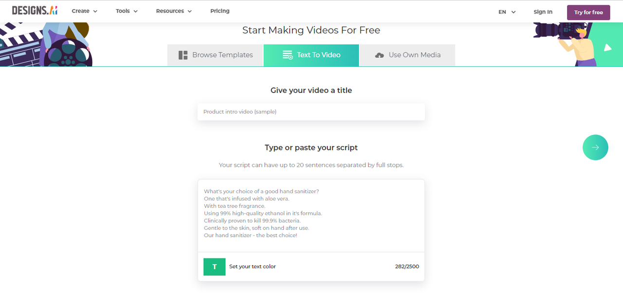Using text-to-video feature to create video with Design.AI 