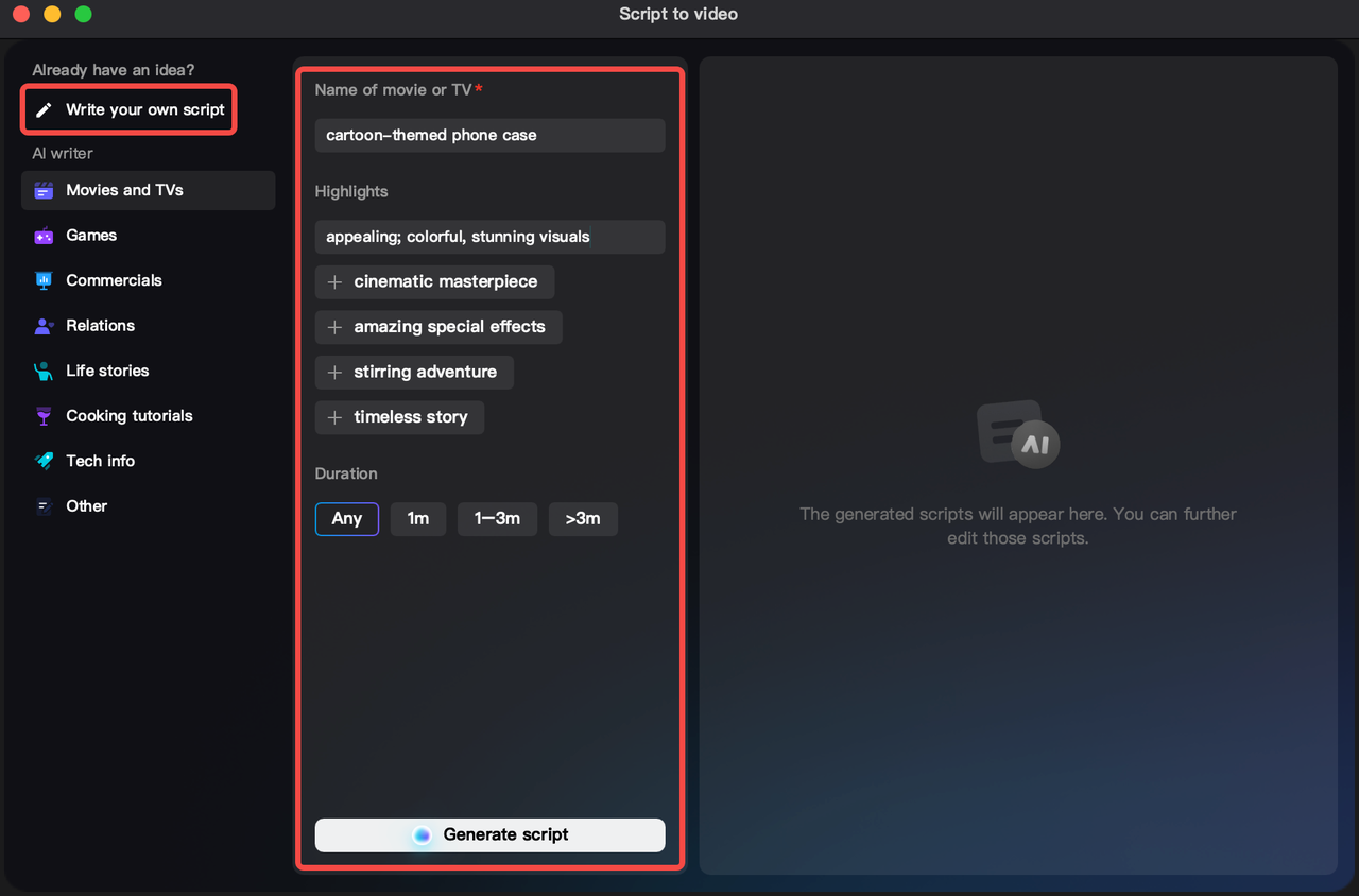 Input your script or have CapCut's AI writer generate a script for you