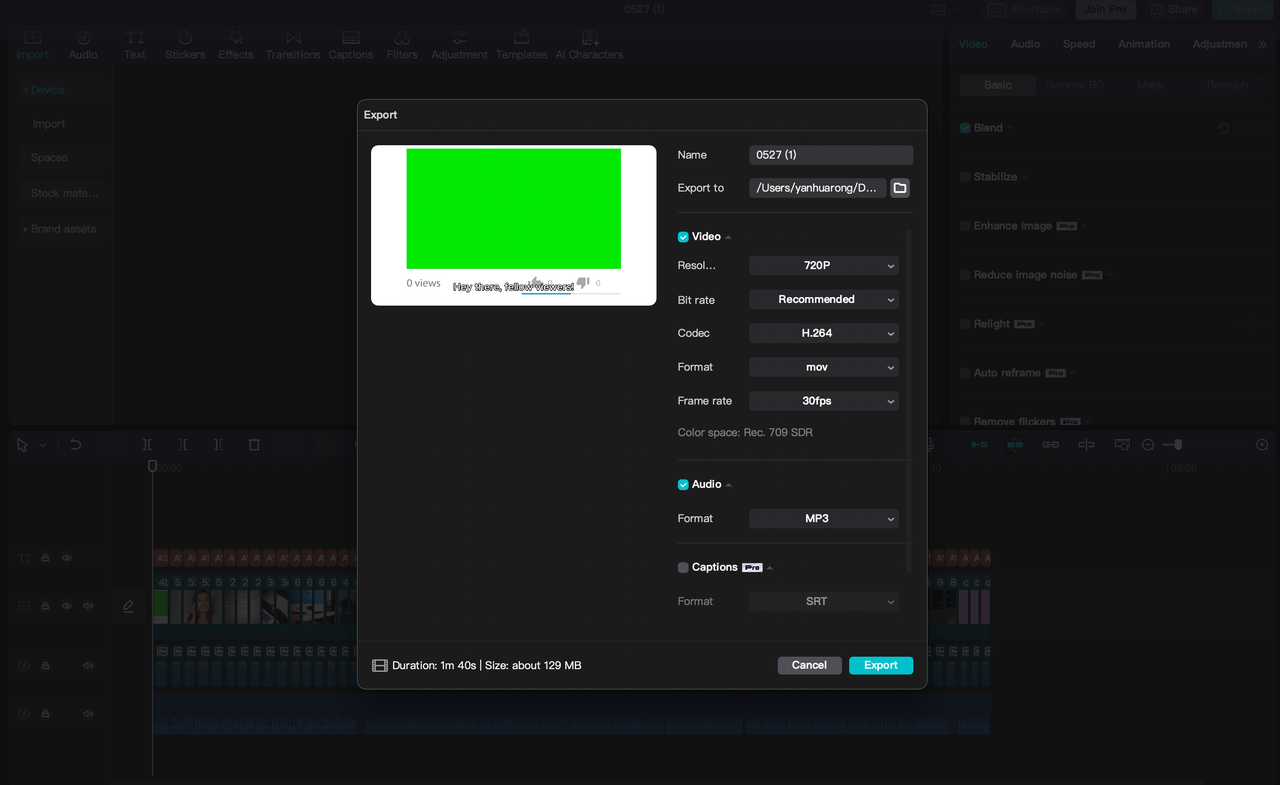 Customize video output settings before exporting