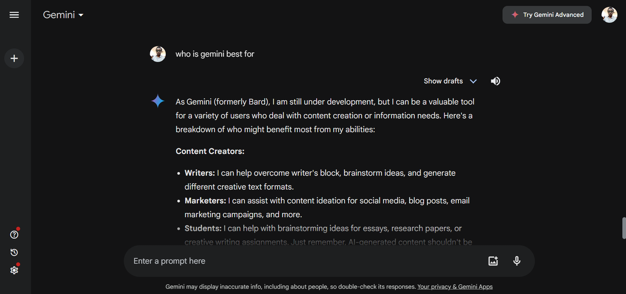 Gemini content creation AI interface
