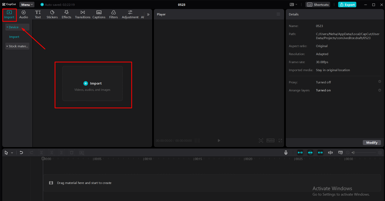 Importing video to the CapCut desktop video editor's library for AI transcription