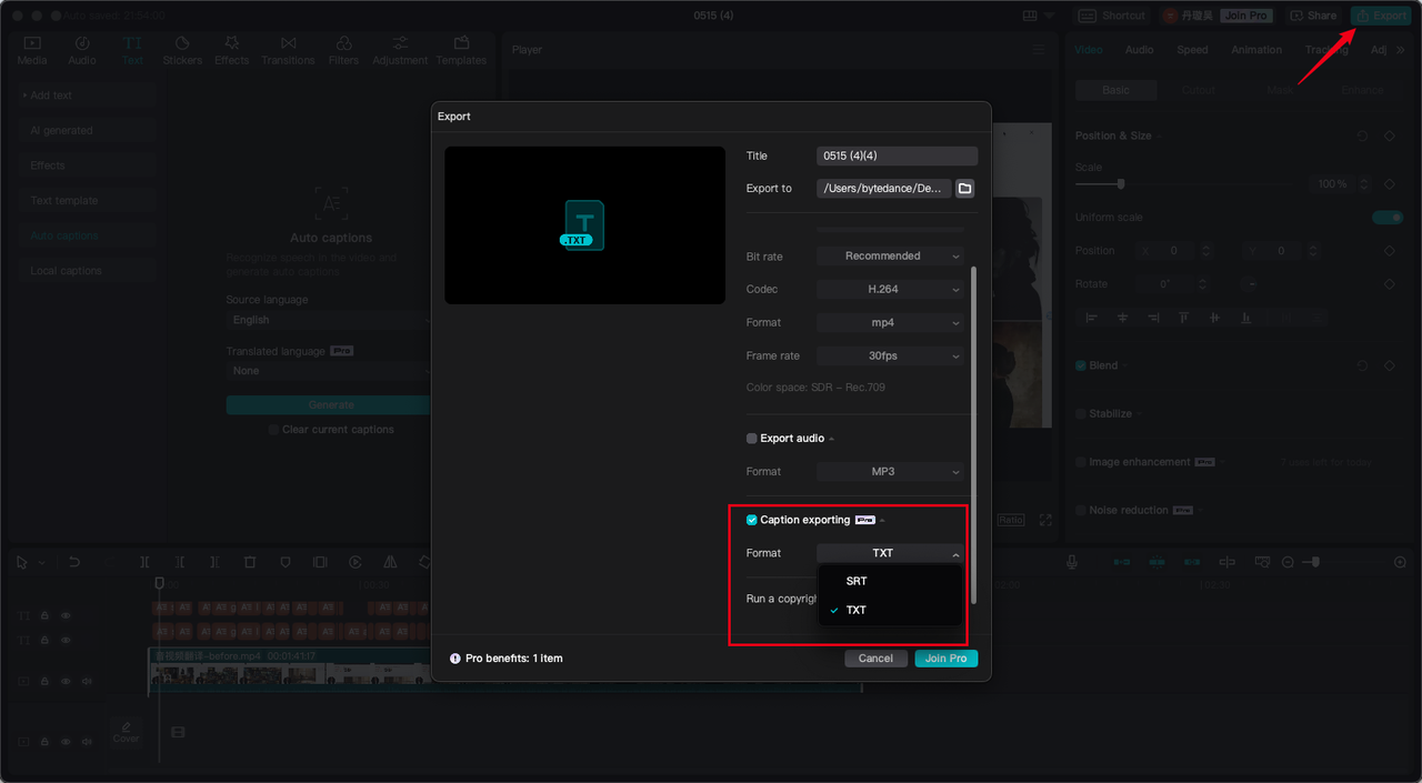  Exporting AI transcribe audio and video to the PC from the CapCut desktop video editor