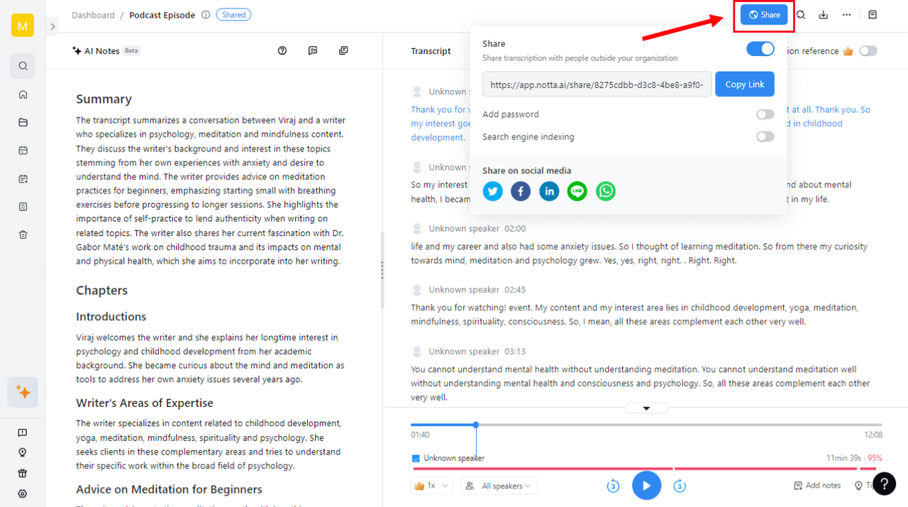 NOTTA interface - an AI transcription software