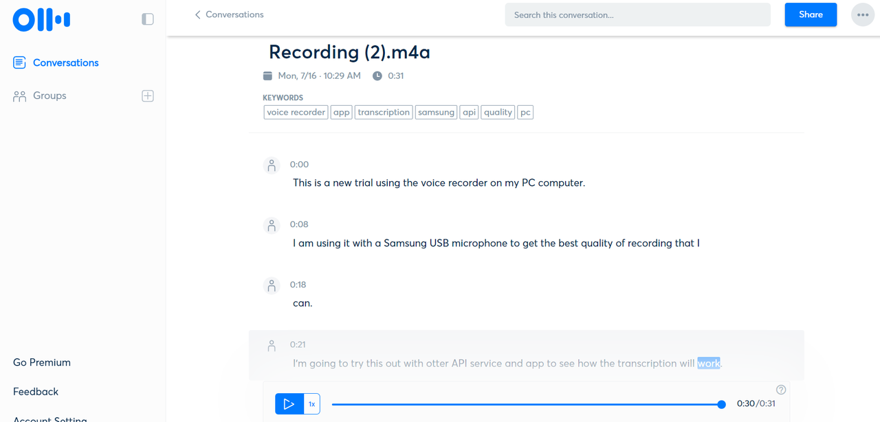 Using Outter.ai to transcribe audio