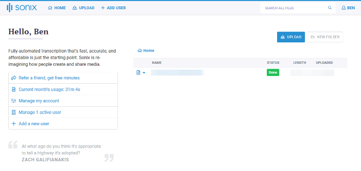 Sonix video transcription setting interface