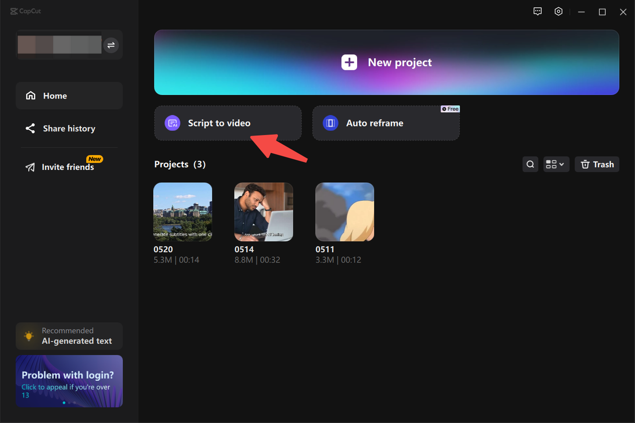Selecting script to video tool in the CapCut desktop video editor