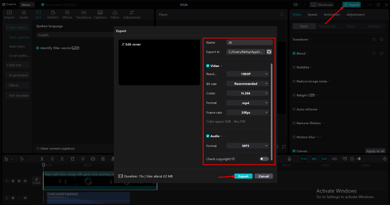 Exporting the final video from the CapCut desktop video editor