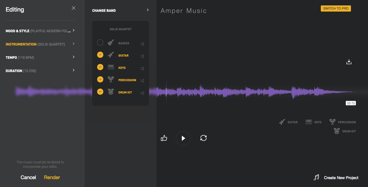 Amper Music interface showing instrumentation - an artificial intelligence tool for PC 
