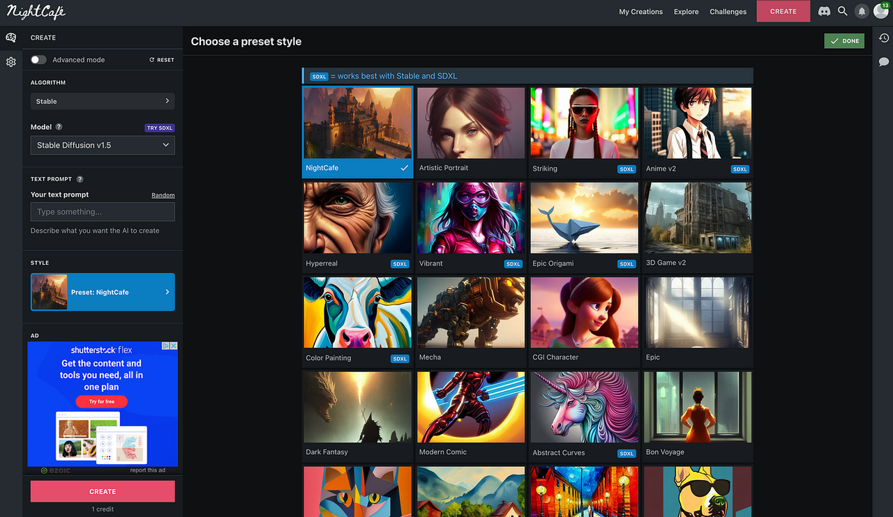 NightCafe Creator interface showing a text prompt and various AI-generated artwork options