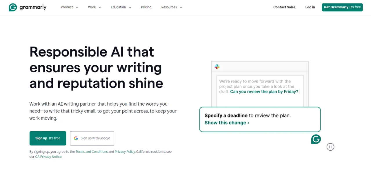 Sign up page on Grammarly - an AI app for writing