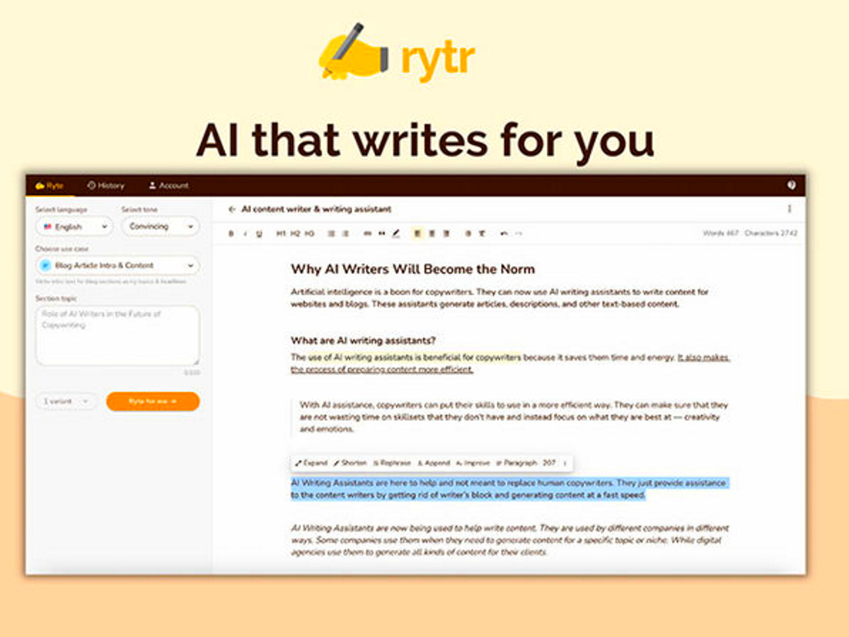 Content generation with Rytr - one of the best AI writing software