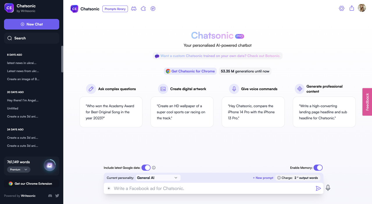 AI writing interface of Writesonic