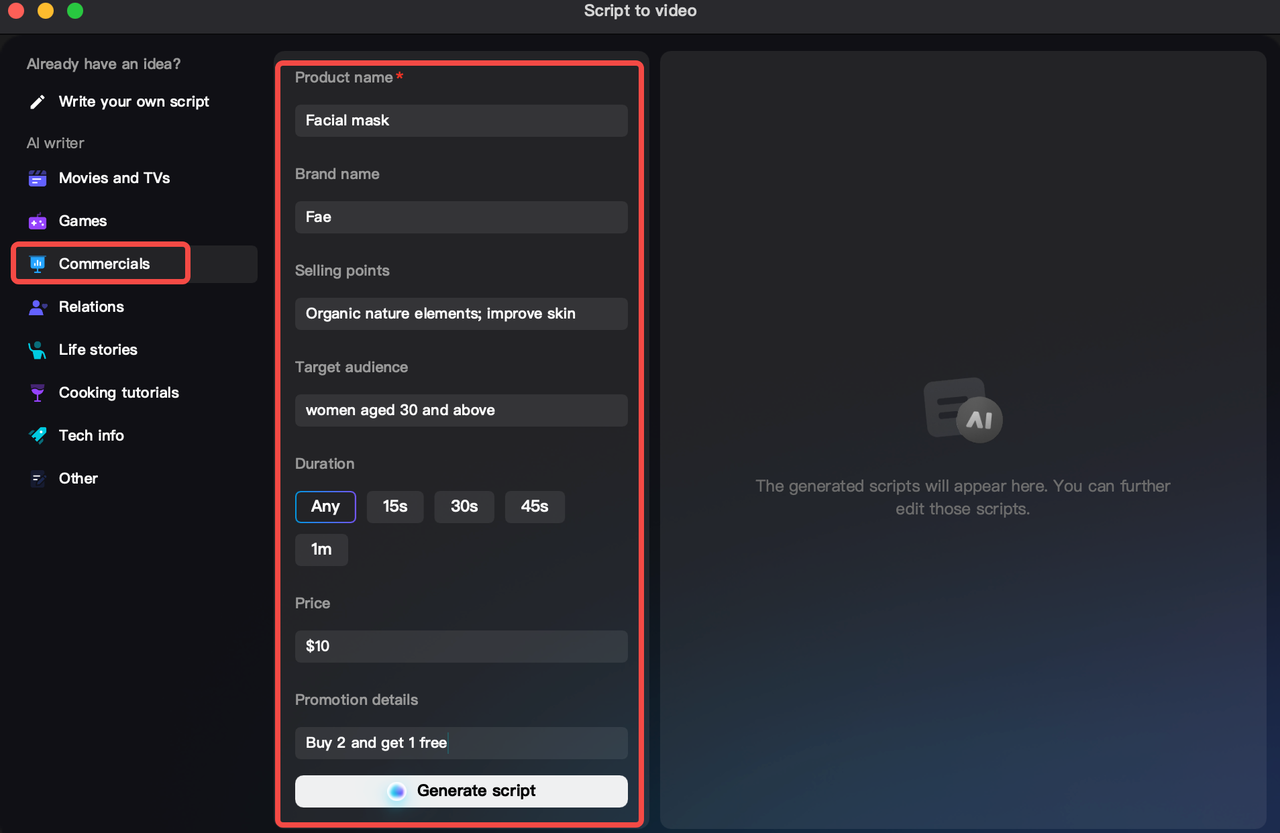Using the AI writer on CapCut desktop video editor, one of the best free AI copywriting tool