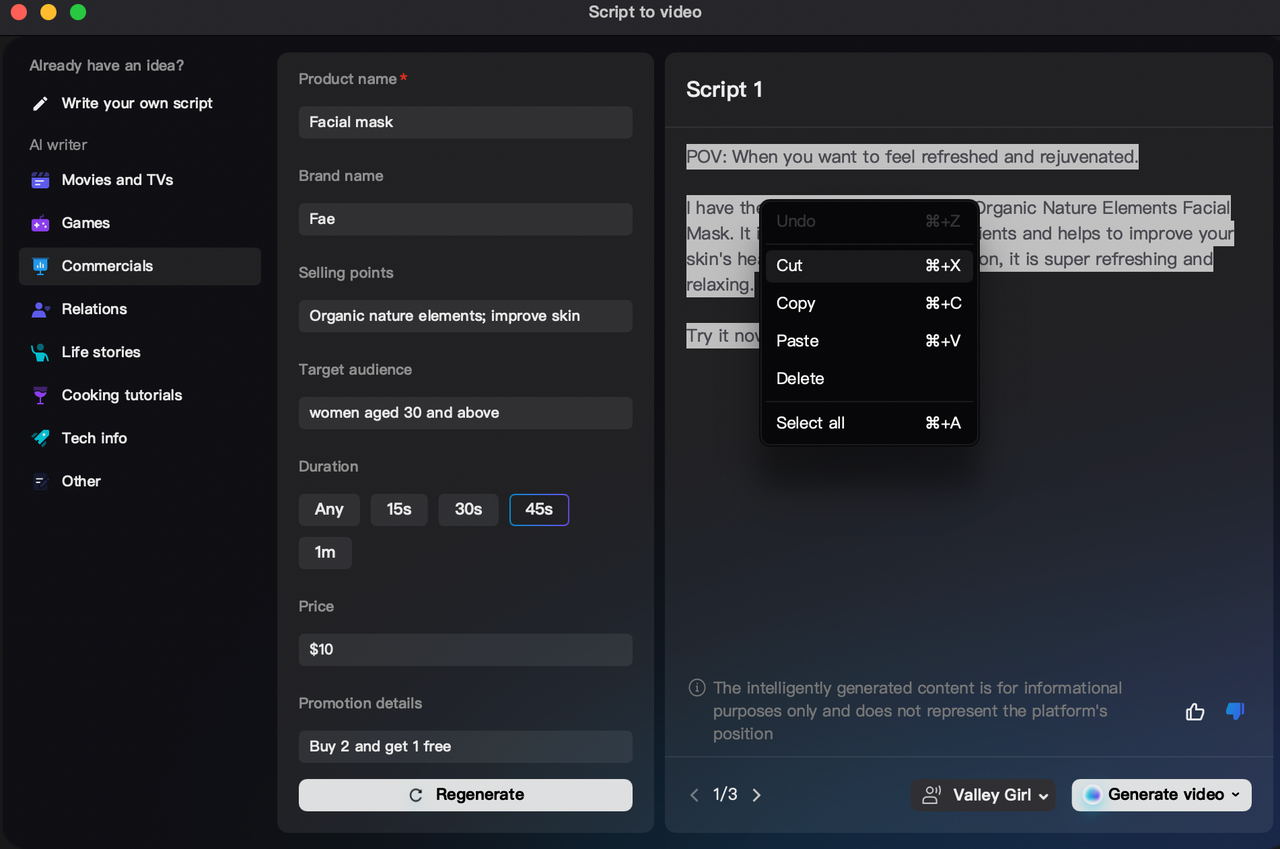 Selecting script generated by CapCut's script to video too, the best free AI copywriting tool