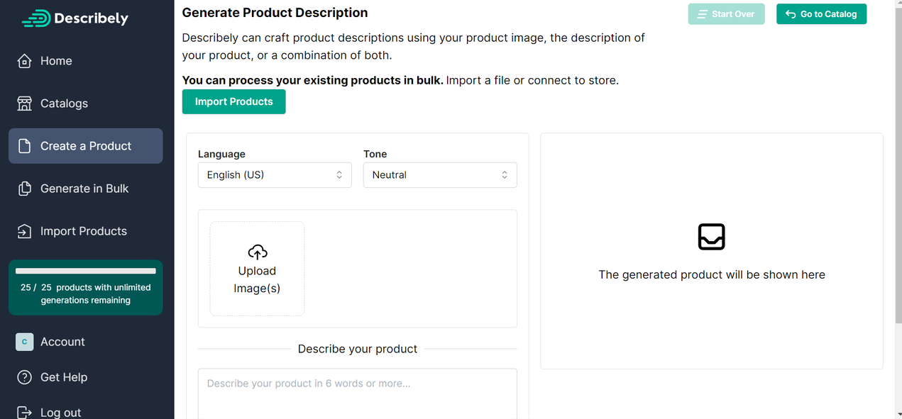 Describely, a free AI copy tool