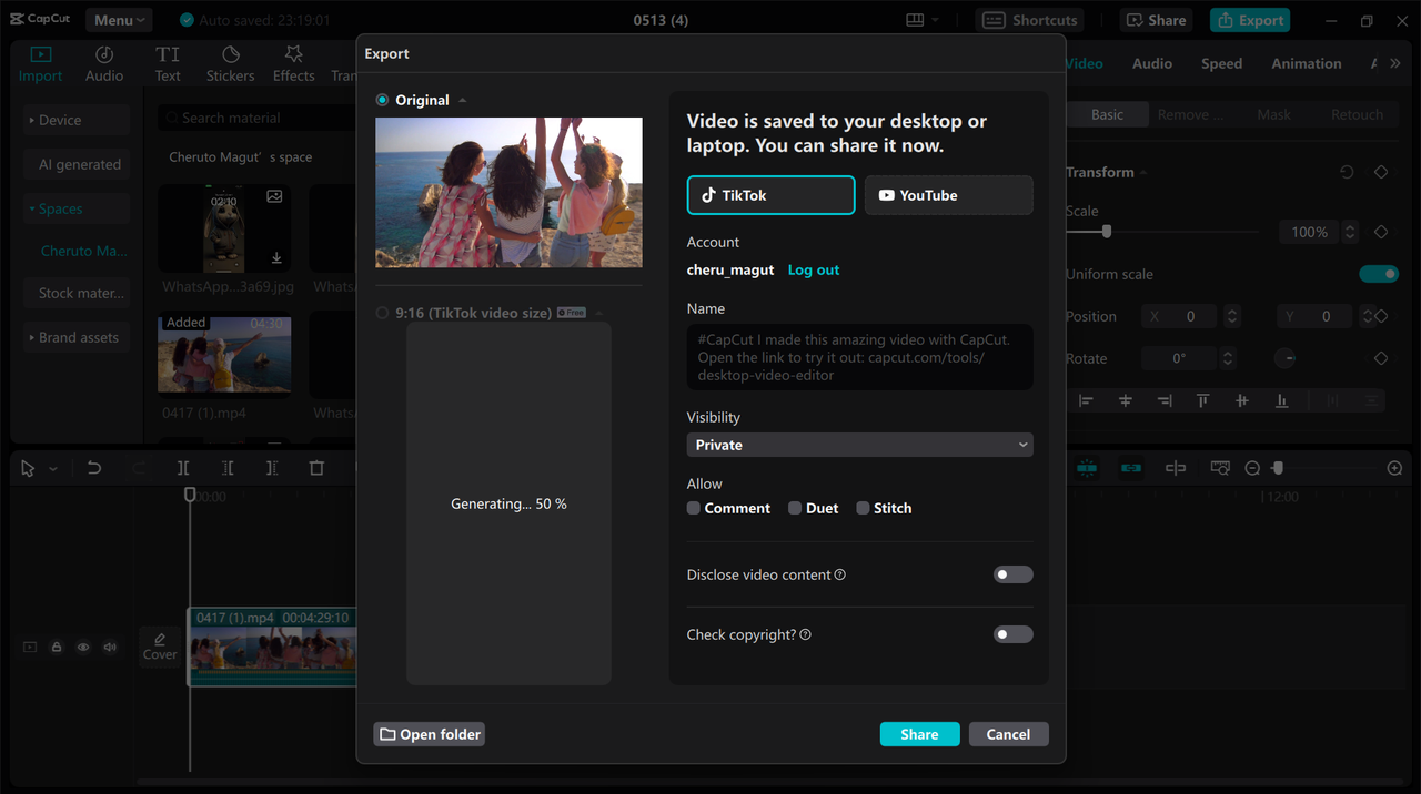 Sharing generated video from CapCut to social media 