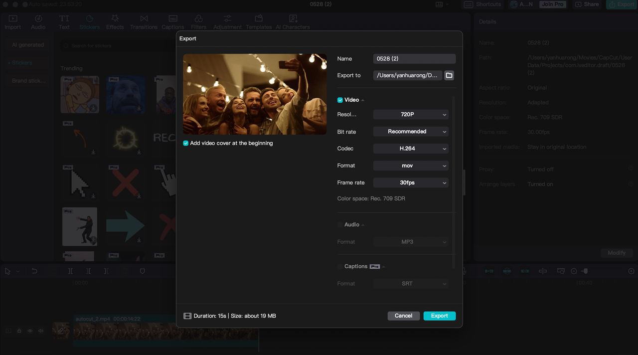 Saving a video after adding an AI CapCut template