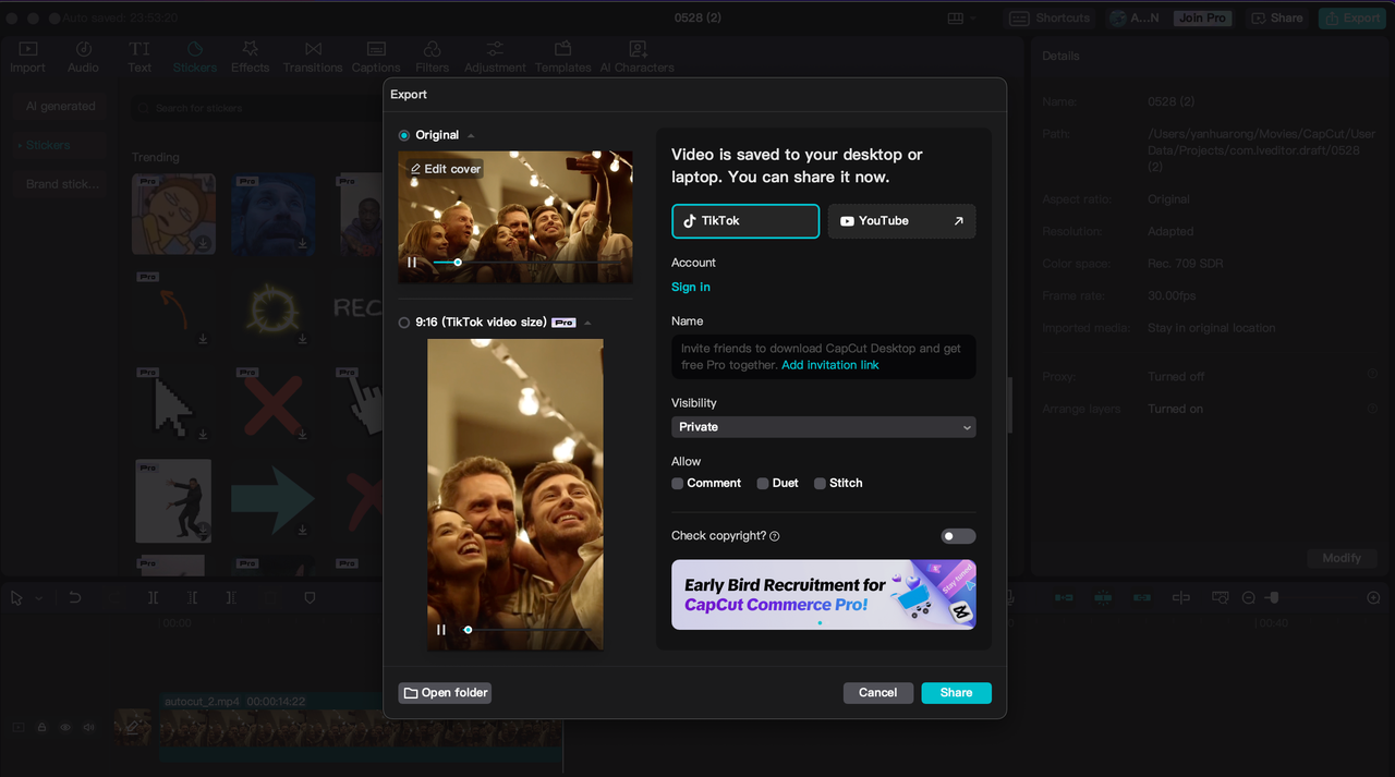 how to quickly share a video with AI CapCut template on YouTube and TikTok