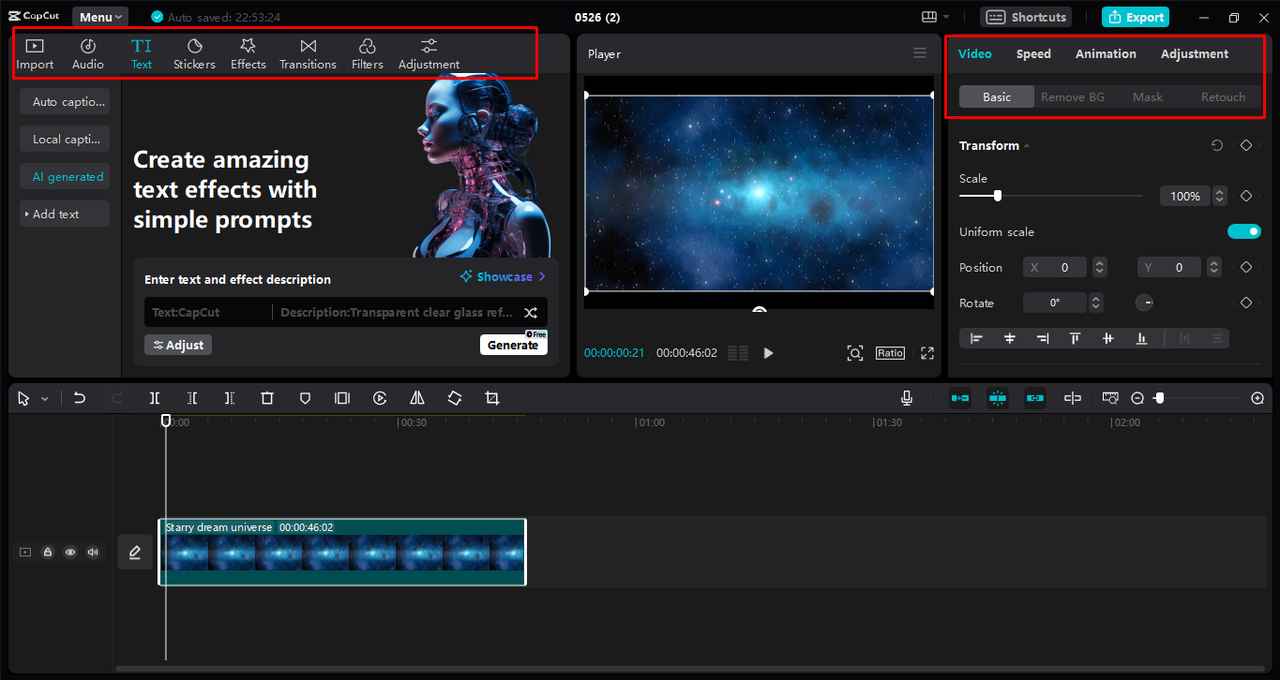 Interface of CapCut desktop video editor showing text AI features