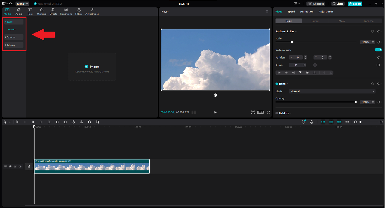 Importing the video content from computer folders in CapCut desktop video editor