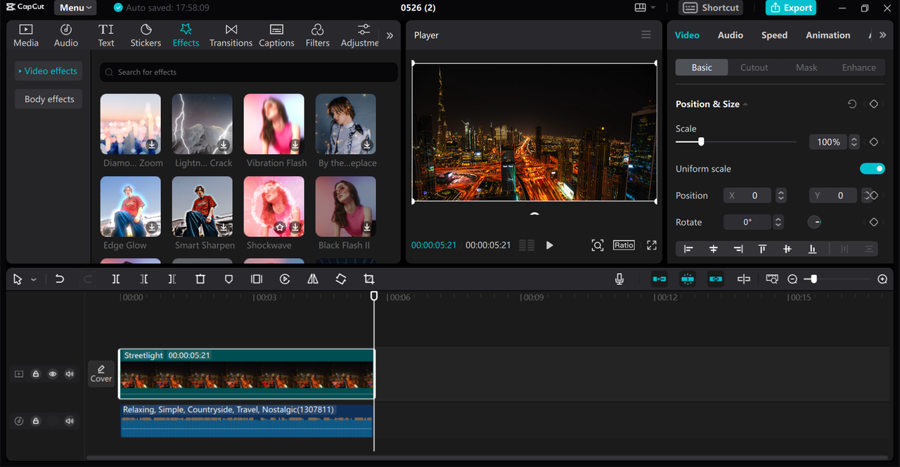 CapCut masaüstü video düzenleyicisinin video, ses ve görüntü düzenleme arayüzü