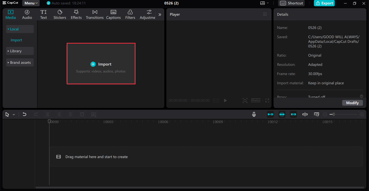 Medyanın bilgisayarınızdan CapCut masaüstü video düzenleyicisine aktarılması
