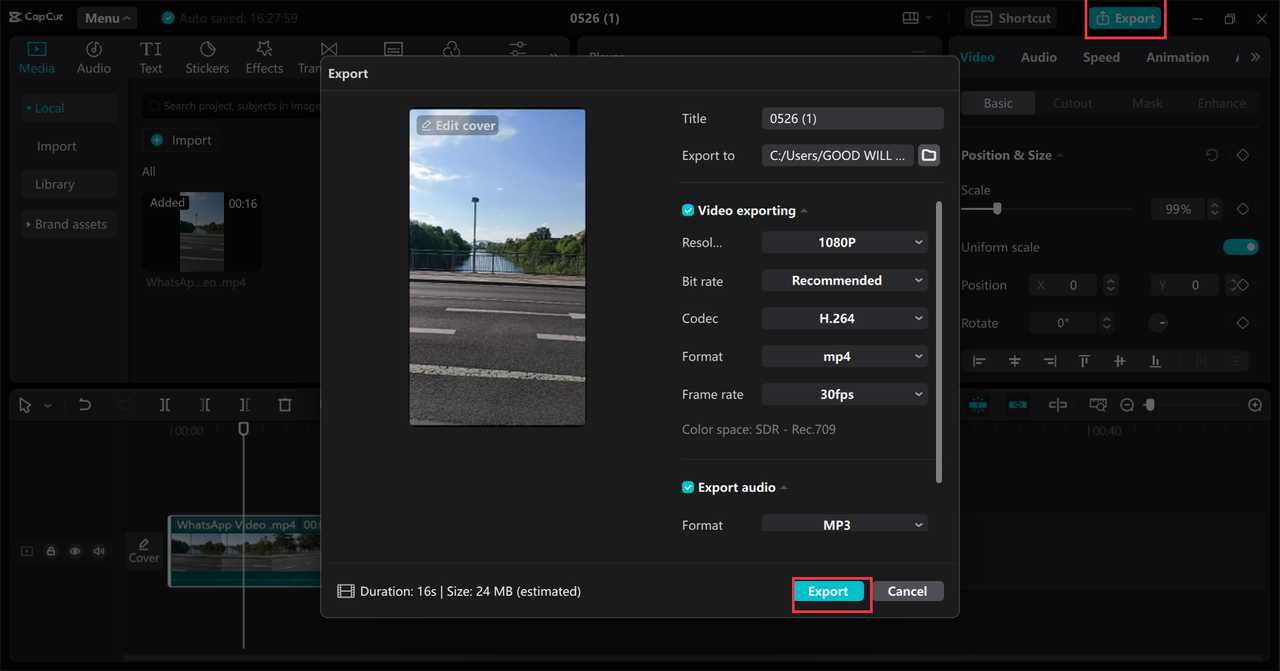 Adjusting parameters before exporting from the CapCut desktop video editor 
