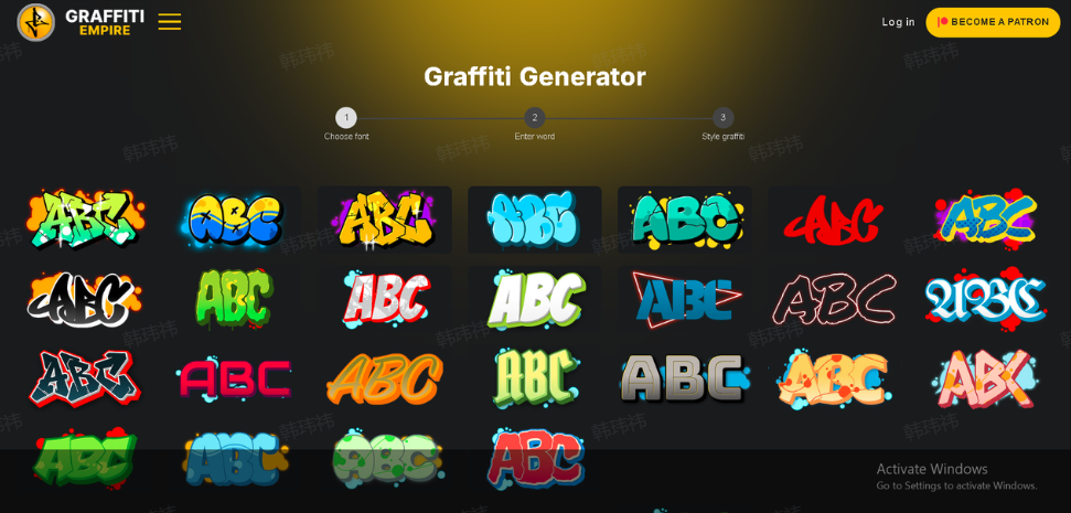 Graffiti Empire interface showing options to create graffiti text online