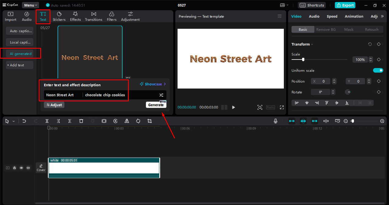 Creating graffiti text through the AI generator of the CapCut desktop video editor