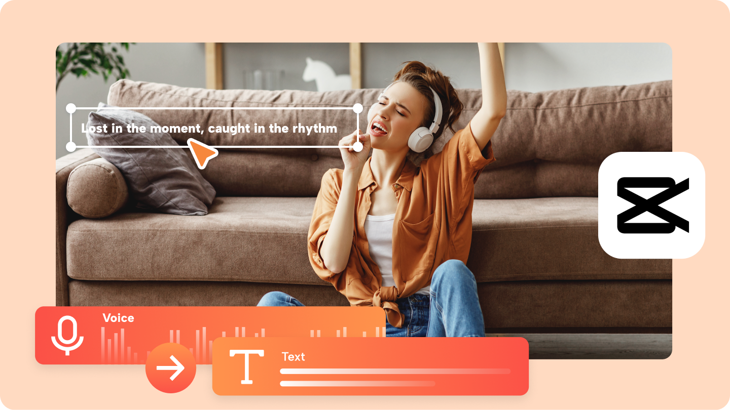 A hero image for CapCut's AI audio transcription feature, showing a clean and modern interface with waveforms being converted to text.