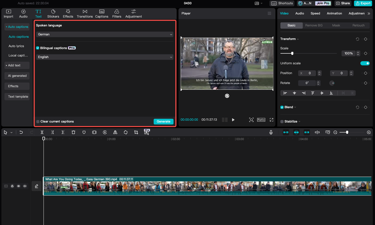 Translation feature on CapCut for German to English audio translation