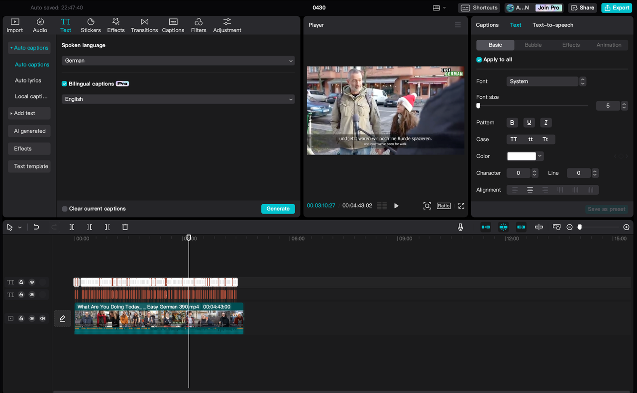 Using the caption feature on CapCut for German to English speech translation