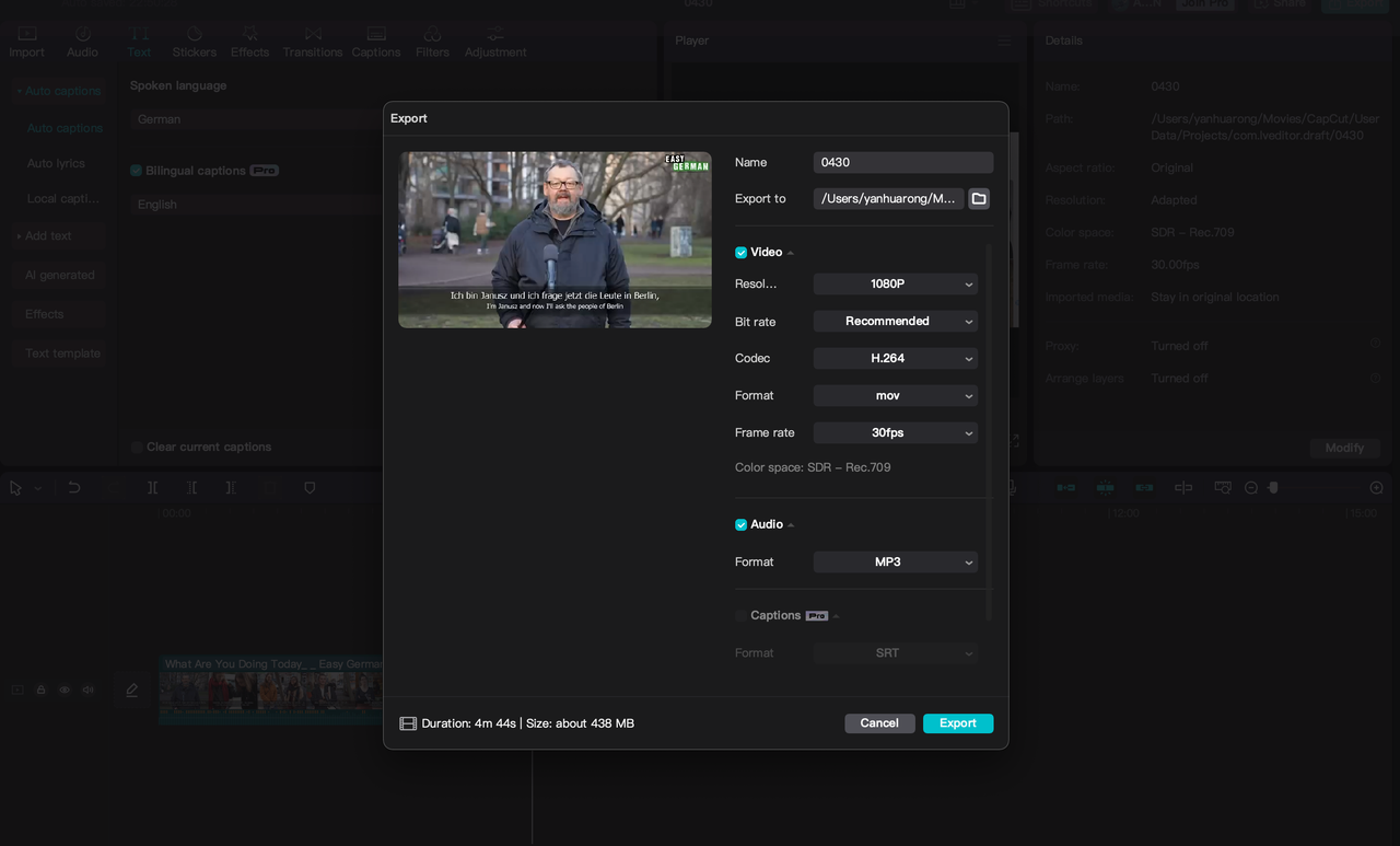 Downloading video from German to English voice translator
