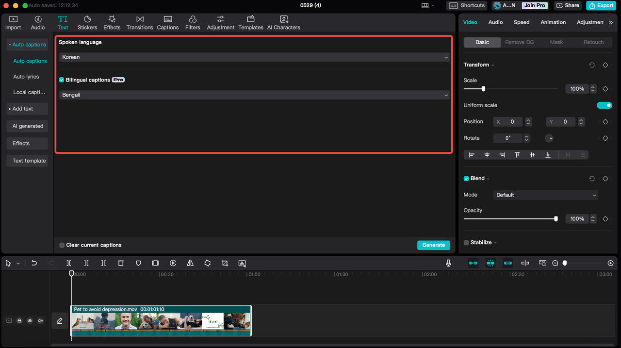 how to generate and translate auto captions