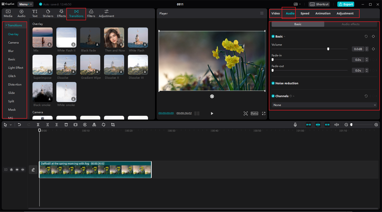 how to apply transitions and edit audio on CapCut PC