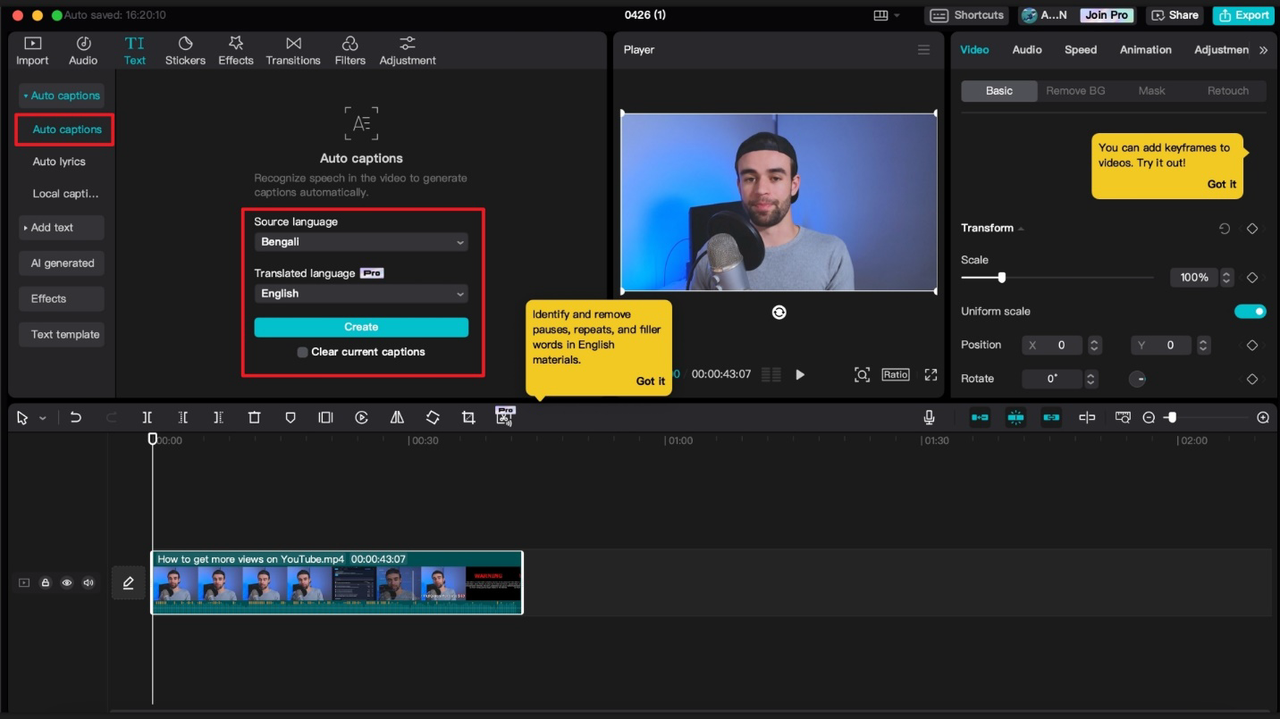 Bangla to English online translate with CapCut